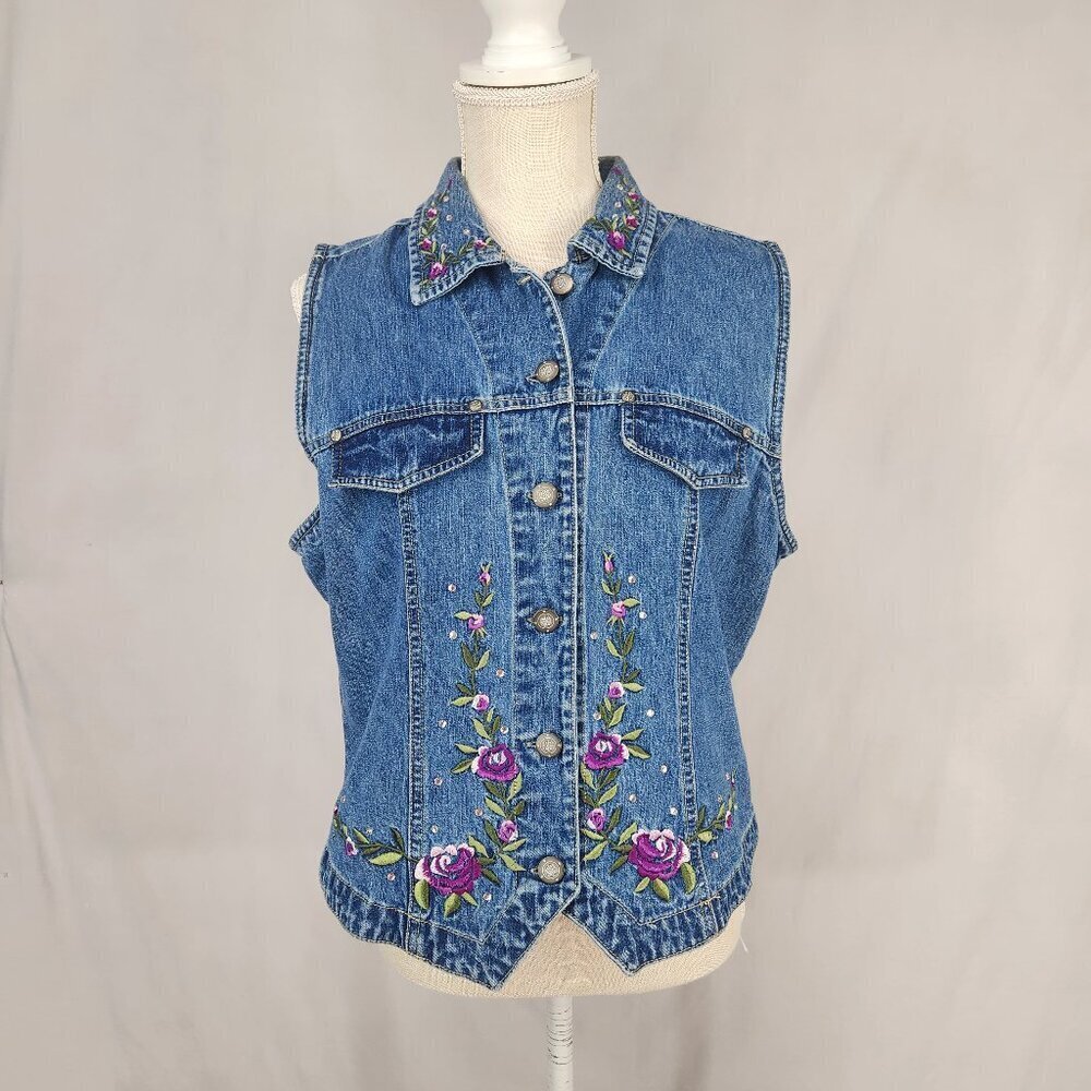 Bill Blass Jeans Denim Vest Women's M Embroidered Rhinestones Vintage Blue